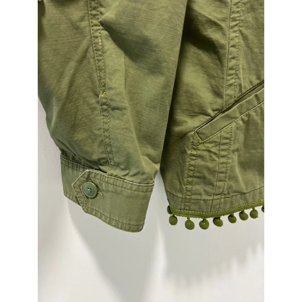 Talbots Womens XL Olive Green 100% Cotton Utility Jacket Pom Pom Trim Field Coat